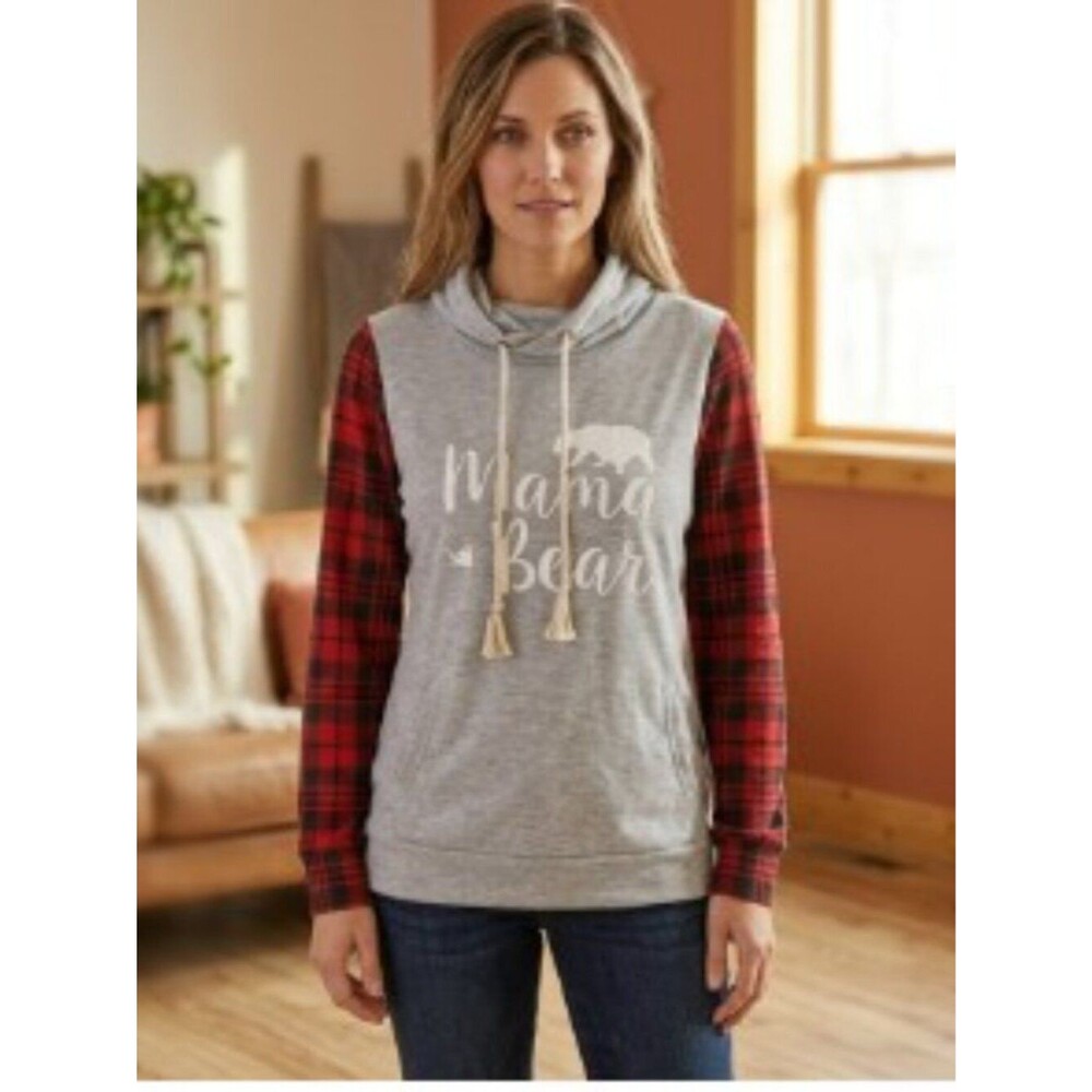 Mama Bear Buffalo Plaid Sleeve Pullover Hoodie Gray L - Picture 2 of 10